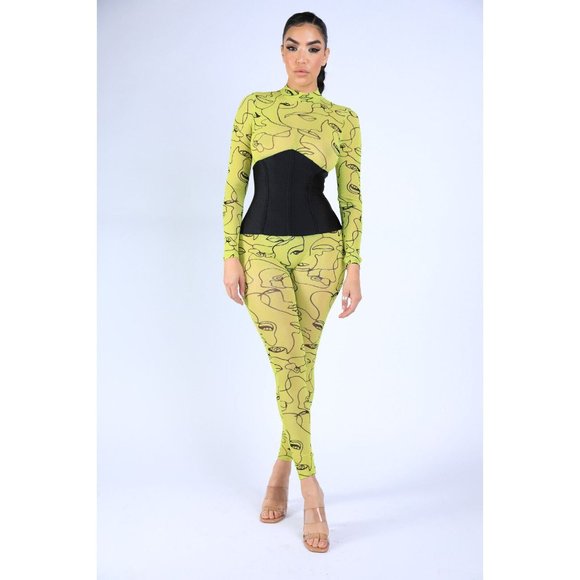 Face Contour Drawing Mesh Skinny Jumpsuit Long Sleeve Neon Yellow Mock Neck - Picture 2 of 7